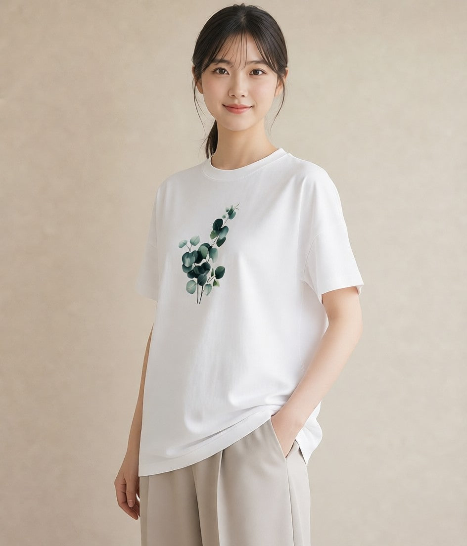 半袖Tシャツ レディース ユーカリ 植物 ボタニカル イラスト きれいめ 母の日 ビーチ 白T