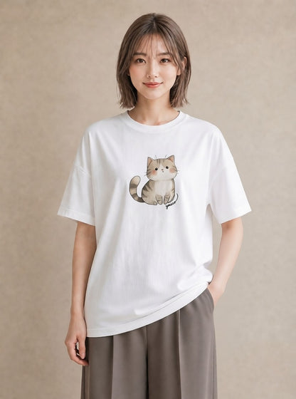 プリントTシャツ レディース エキゾチックショートヘア 猫 ねこ イラスト フェミニン 在宅 公園 白T