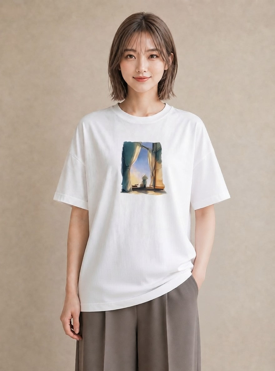 Tシャツ レディース 灯りの家 小屋 夜 ナチュラル アンティーク イラスト ヴィンテージ風 ママ カフェ服 白T