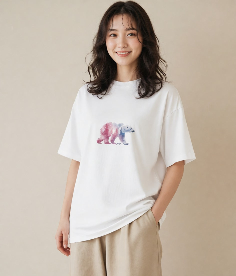 プリントTシャツ レディース オーロラ 星空 宇宙 イラスト 普段使い 散歩 お出かけ 白T