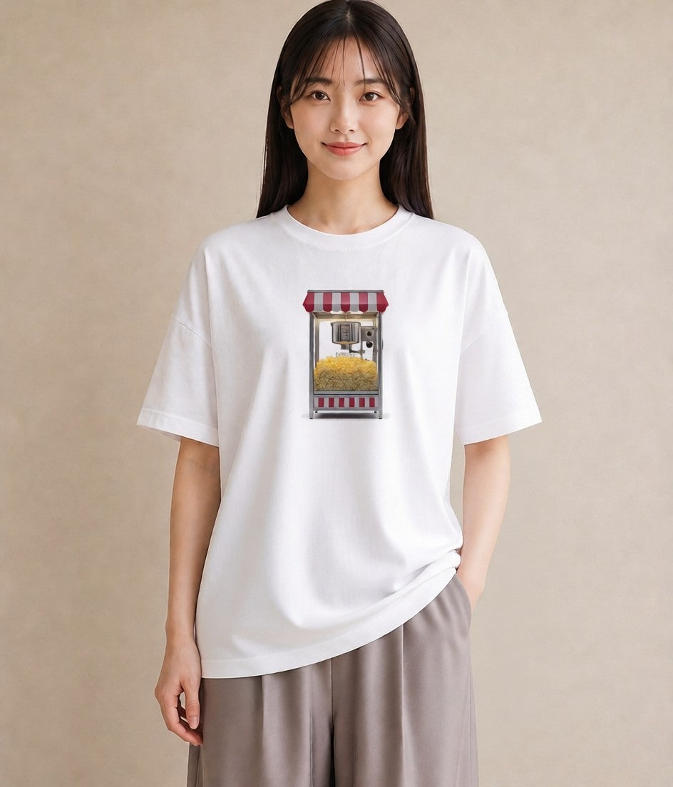 プリントTシャツ レディース ポップコーン 食べ物 フード イラスト ラフカジュアル 通勤 在宅 白T