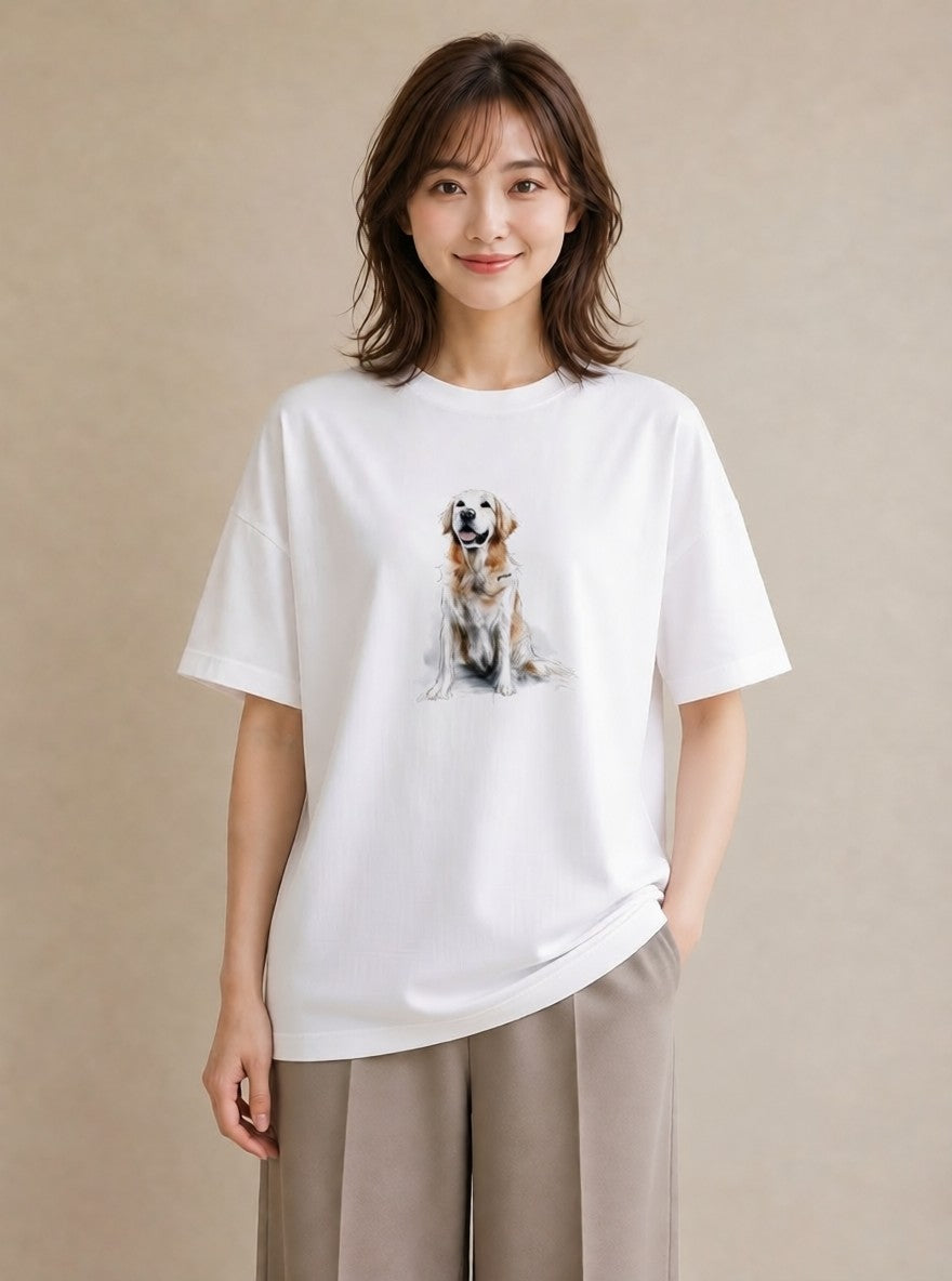 プリントTシャツ レディース ゴールデンレトリバー ゴールデン 犬 いぬ イラスト ガーリー 親子 20代 白T