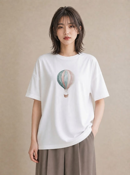 Tシャツ レディース 気球 星空 宇宙 イラスト ミニマル カフェ服 クリスマス 白T