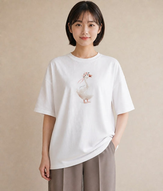 デザインTシャツ レディース アヒル 動物 アニマル イラスト 綿100 デート 白T
