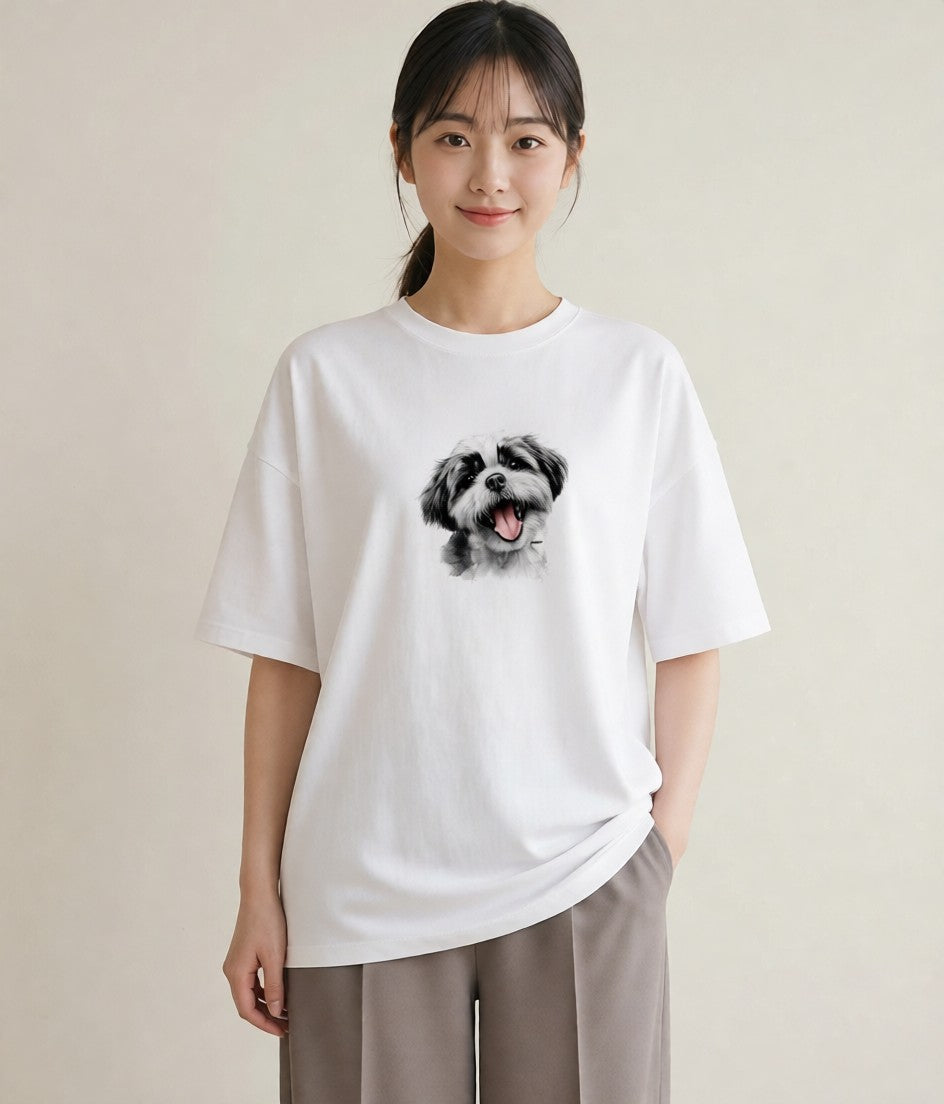半袖Tシャツ レディース ペキニーズ 犬 いぬ イラスト ニュアンス 親子 20代 白T