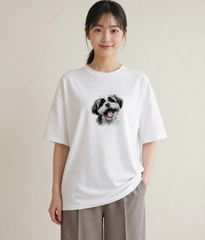 半袖Tシャツ レディース ペキニーズ 犬 いぬ イラスト ニュアンス 親子 20代 白T