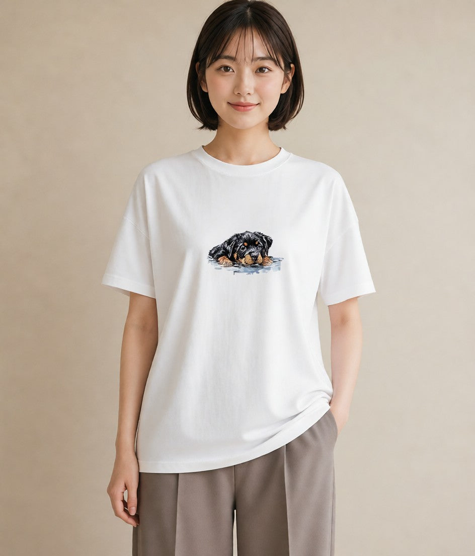 プリントTシャツ レディース 黒柴 犬 いぬ イラスト 韓国風 旅行 母娘コーデ 白T