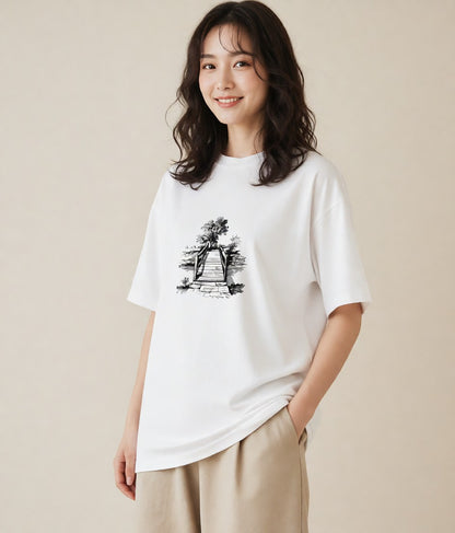 グラフィックTシャツ レディース 小川 橋 せせらぎ ナチュラル アンティーク イラスト ミニマル 誕生日プレゼント 綿100 白T
