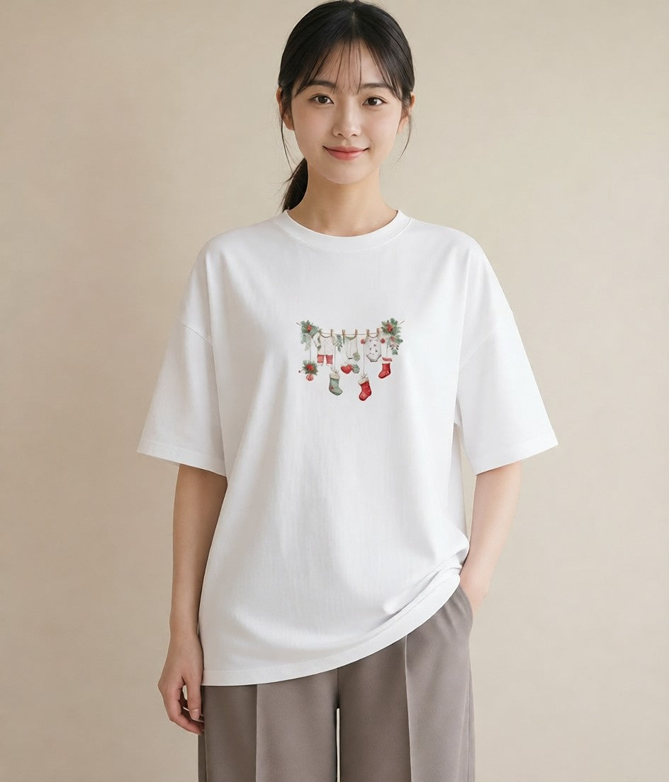 Tシャツ レディース 洗濯物 風 ナチュラル アンティーク イラスト ガーリー 買い物 夏コーデ 白T