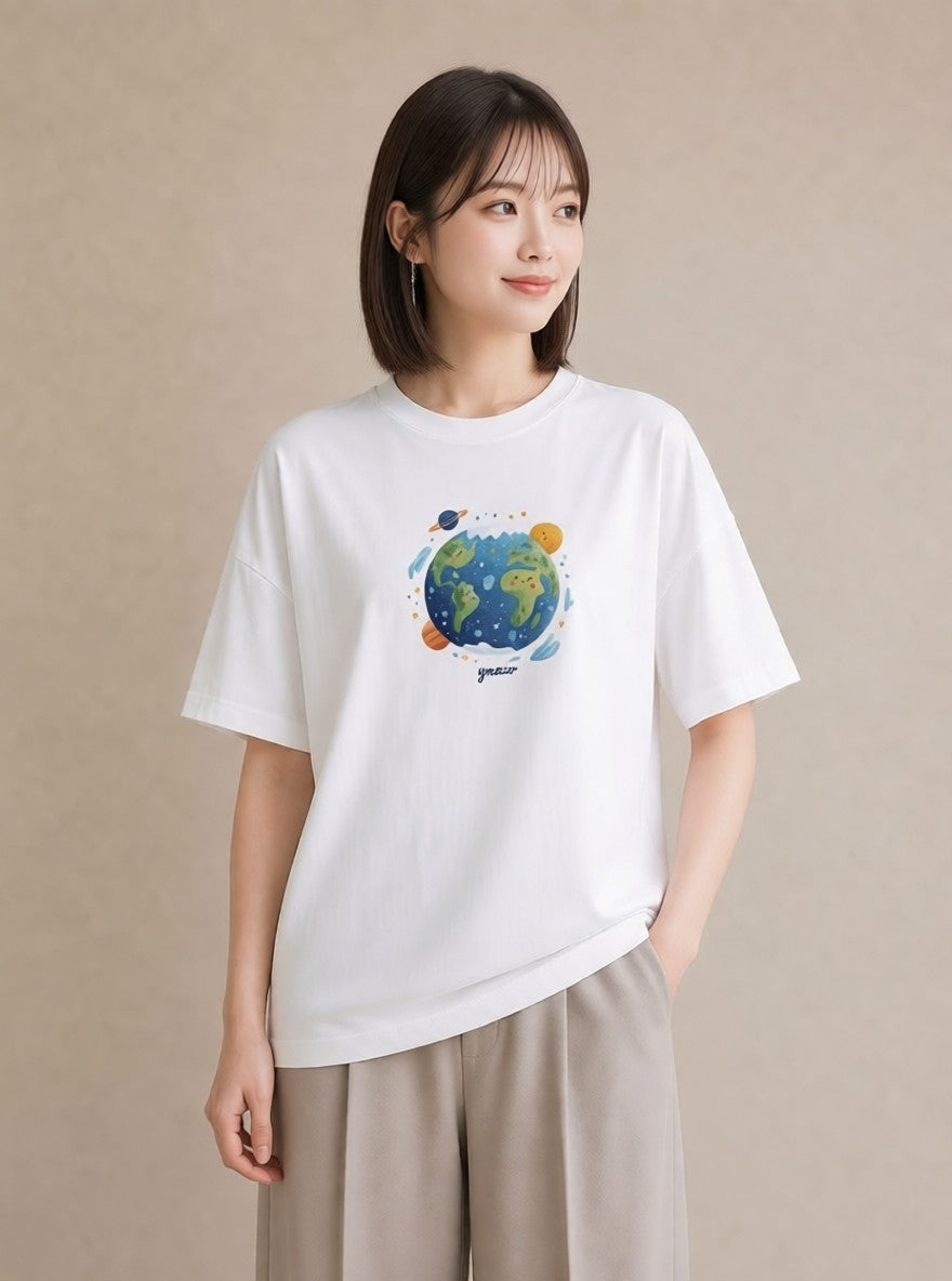デザインTシャツ レディース プラネット 星空 宇宙 イラスト 抜け感 母の日 ビーチ 白T