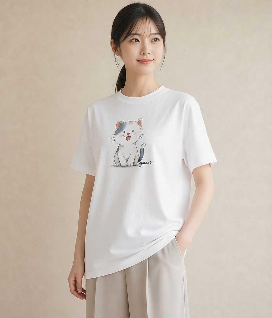 プリントTシャツ レディース ニャンコ 猫 ねこ イラスト 水彩風 デート 帰省 白T