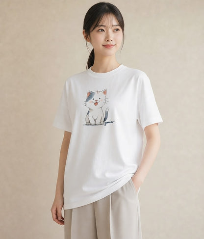 プリントTシャツ レディース ニャンコ 猫 ねこ イラスト 水彩風 デート 帰省 白T