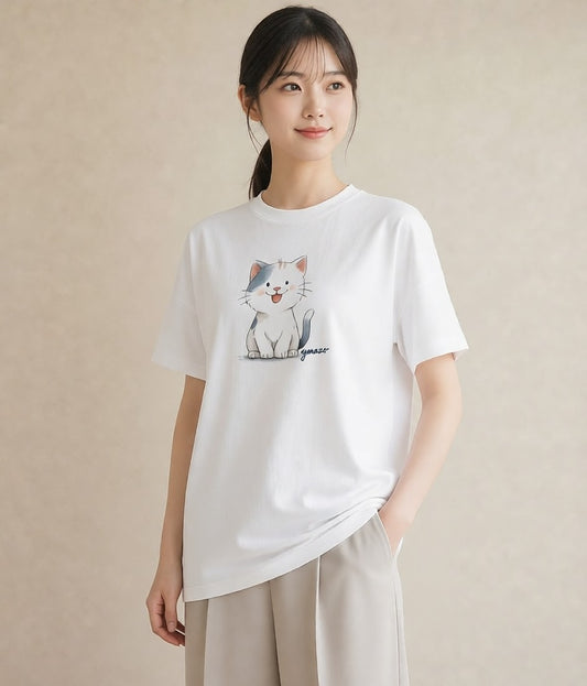 プリントTシャツ レディース ニャンコ 猫 ねこ イラスト 水彩風 デート 帰省 白T