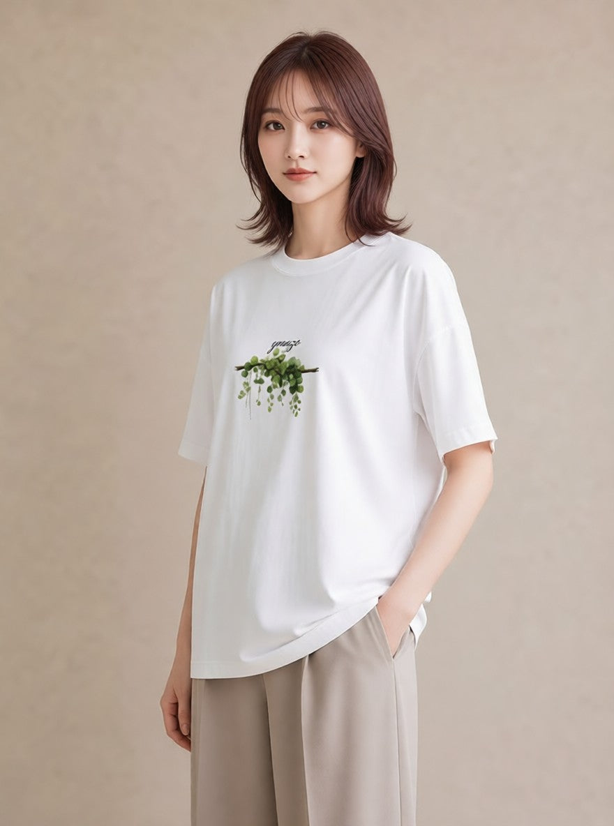 半袖Tシャツ レディース 苔 植物 ボタニカル イラスト モード カジュアルコーデ 買い物 白T
