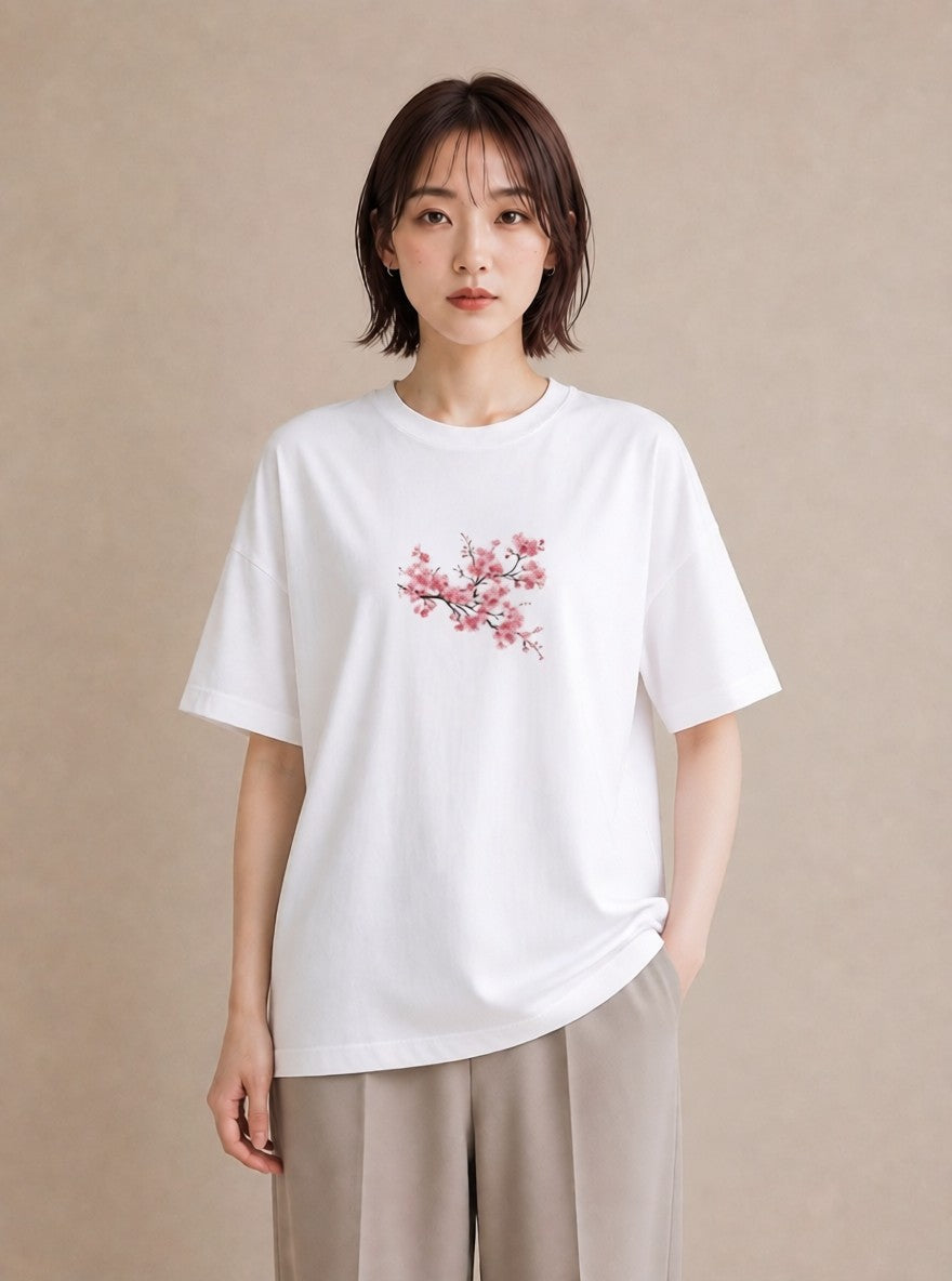 プリントTシャツ レディース 梅 花 花柄 イラスト 旅行コーデ ラフ レイヤード 白T