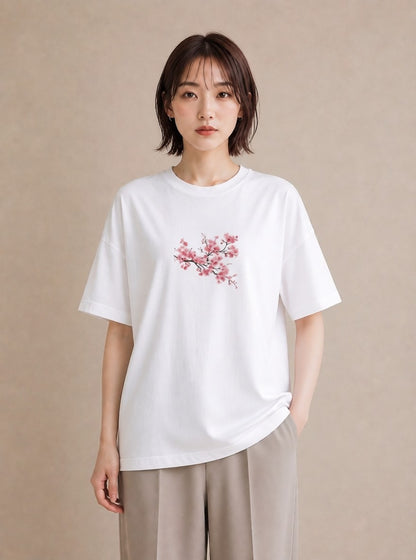 プリントTシャツ レディース 梅 花 花柄 イラスト 旅行コーデ ラフ レイヤード 白T