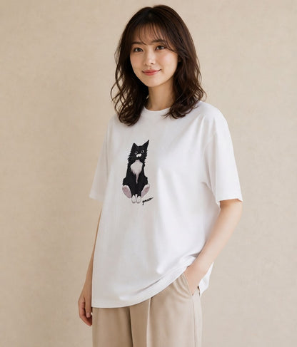 Tシャツ レディース ハチワレ 白黒猫 猫 ねこ イラスト きれいめ 通勤 在宅 白T