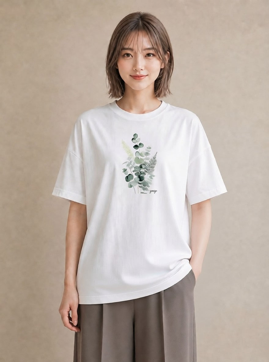 デザインTシャツ レディース シダ 植物 ボタニカル イラスト カジュアル 春服 ミセス 白T