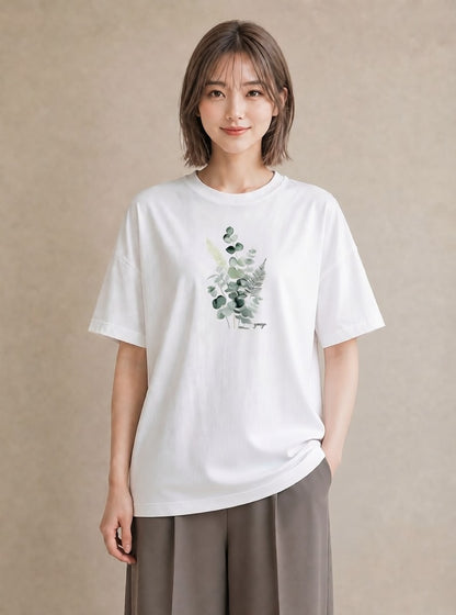 デザインTシャツ レディース シダ 植物 ボタニカル イラスト カジュアル 春服 ミセス 白T