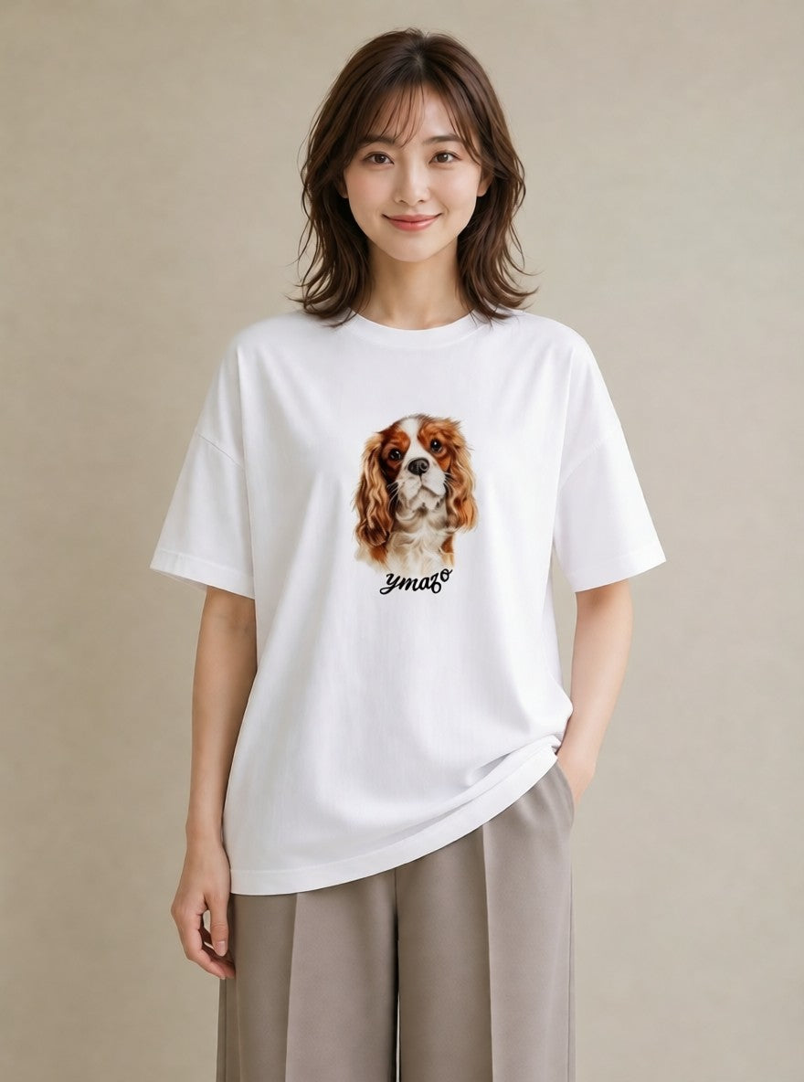 半袖Tシャツ レディース キャバリア 犬 いぬ イラスト ゆるかわ 帰省 ラフ 白T