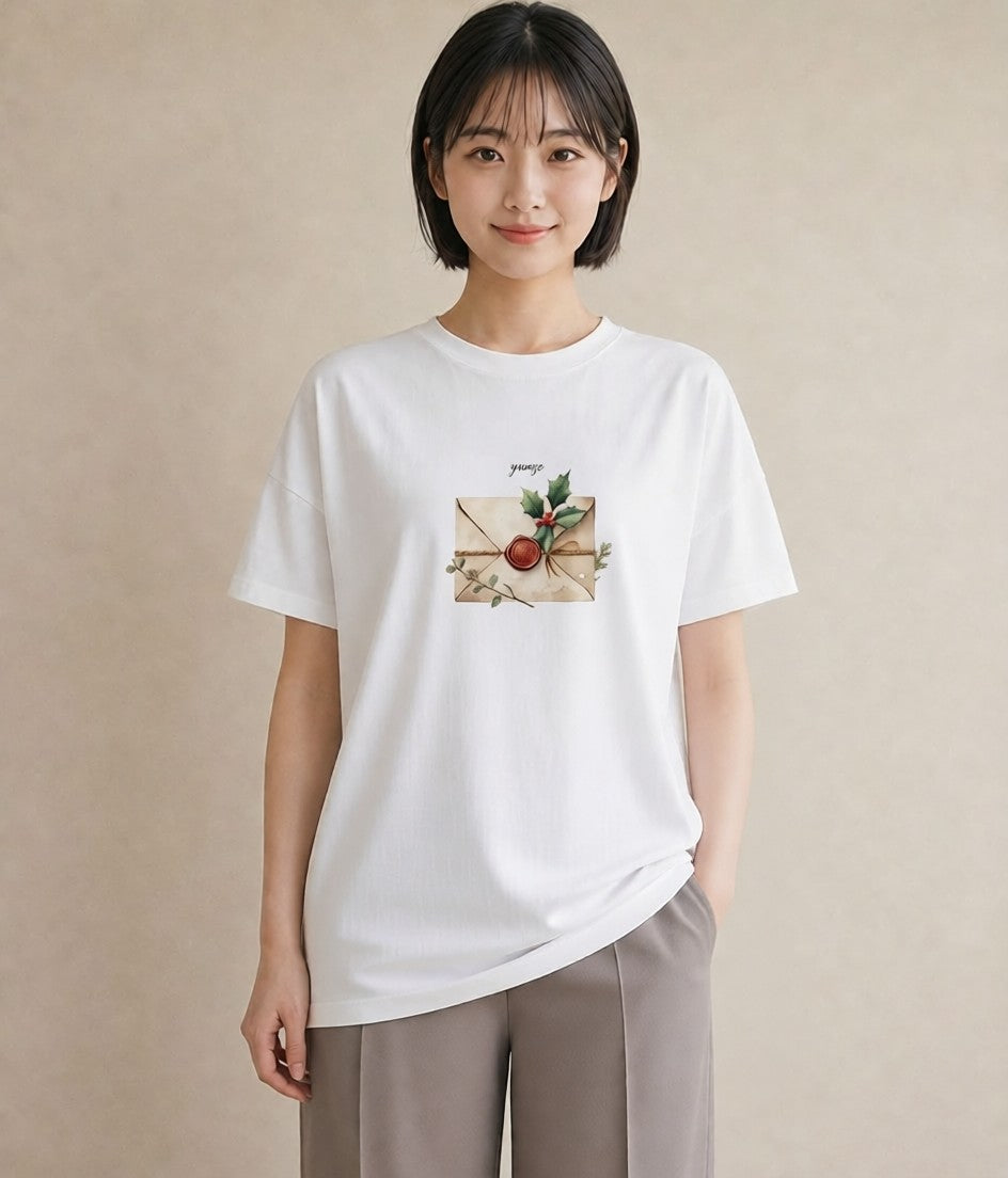 Tシャツ レディース 封蝋 手紙 アンティーク ナチュラル イラスト フェミニン カフェ巡り 女子会 白T