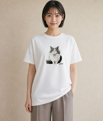 半袖Tシャツ レディース サバトラ 猫 ねこ イラスト ニュアンス 在宅 公園 白T