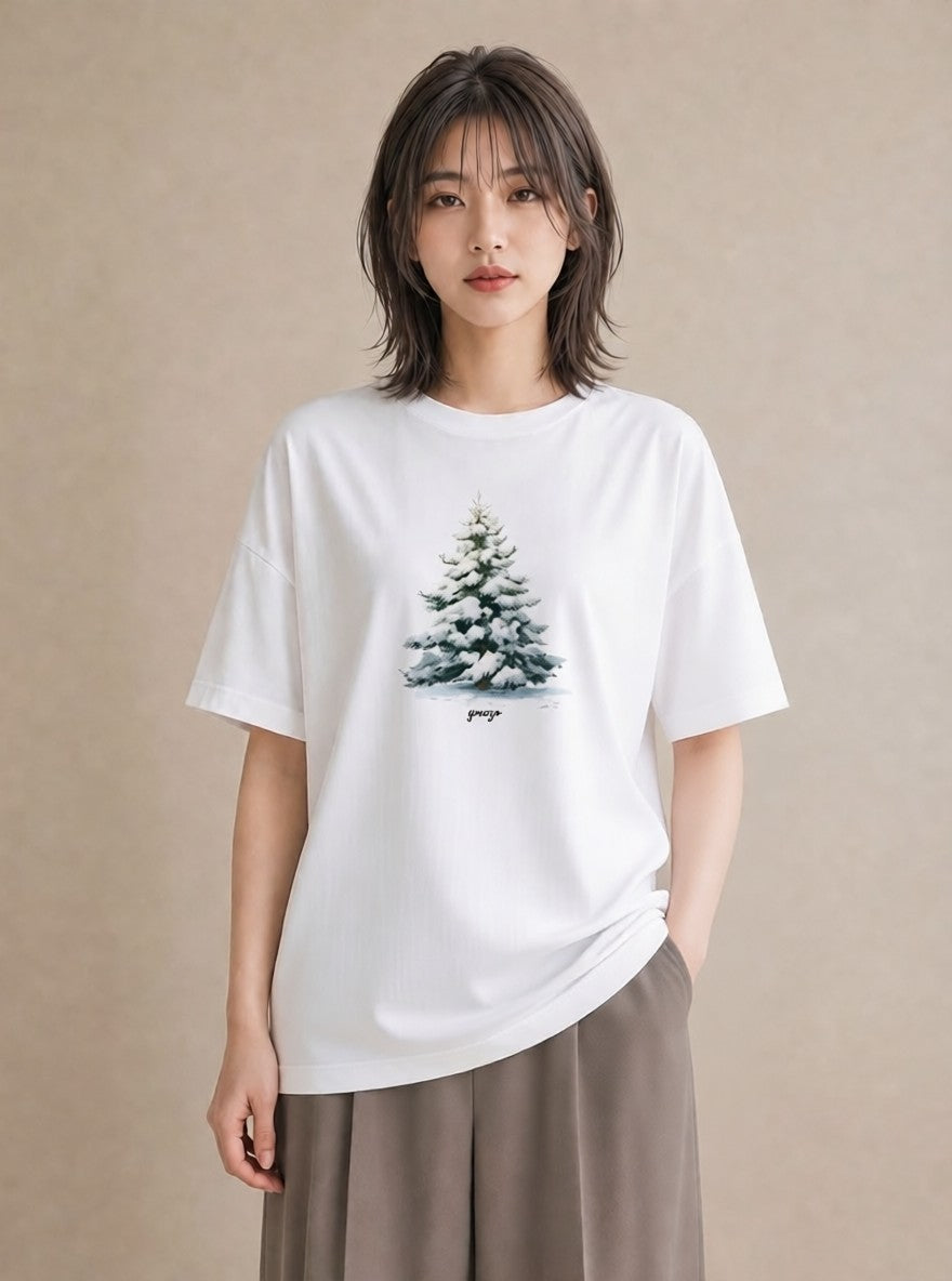 Tシャツ レディース 雪 星空 宇宙 イラスト 個性的 デイリーウェア 休日 白T