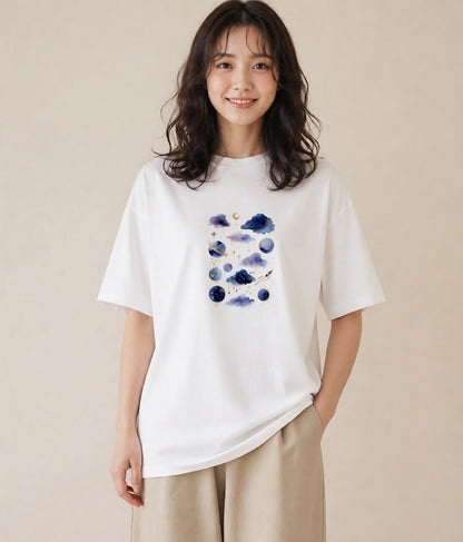 プリントTシャツ レディース 宇宙 星空 イラスト 韓国風 在宅 公園 白T