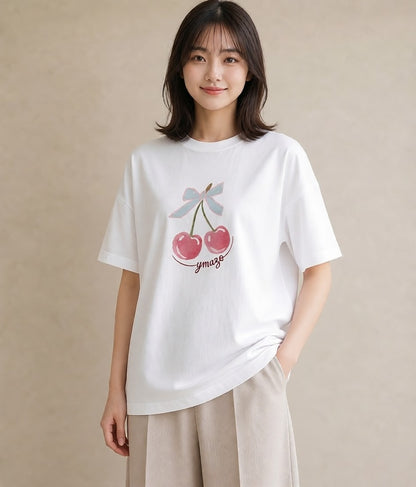 グラフィックTシャツ レディース さくらんぼ チェリー 食べ物 フード イラスト ナチュラル 海 カフェ巡り 白T