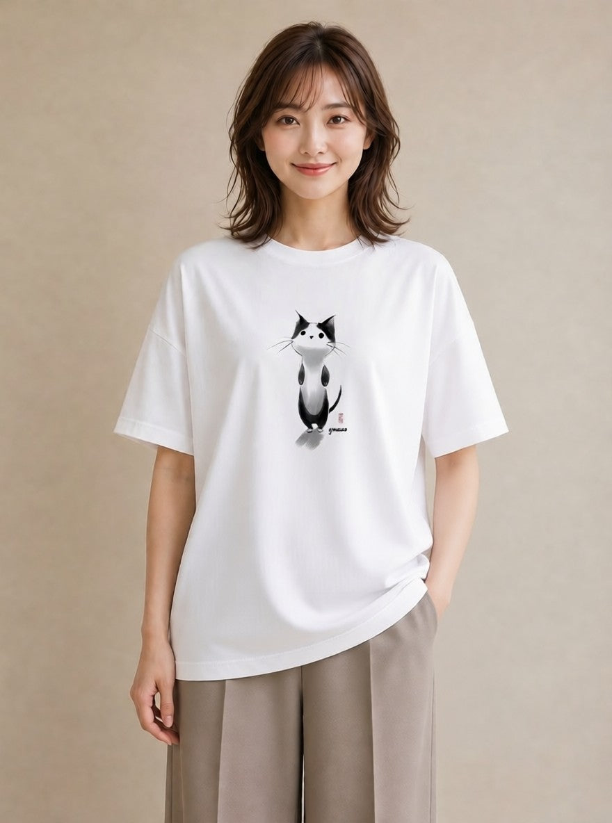 半袖Tシャツ レディース ハチワレ 白黒猫 猫 ねこ イラスト 抜け感 公園 ママ 白T