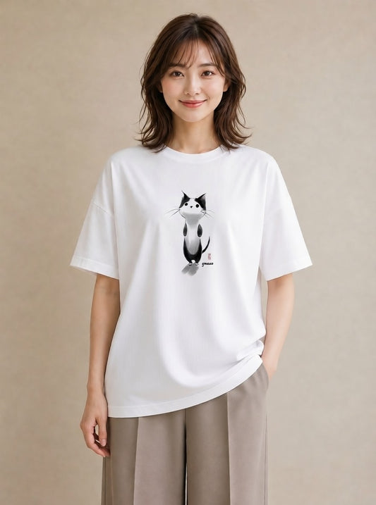 半袖Tシャツ レディース ハチワレ 白黒猫 猫 ねこ イラスト 抜け感 公園 ママ 白T
