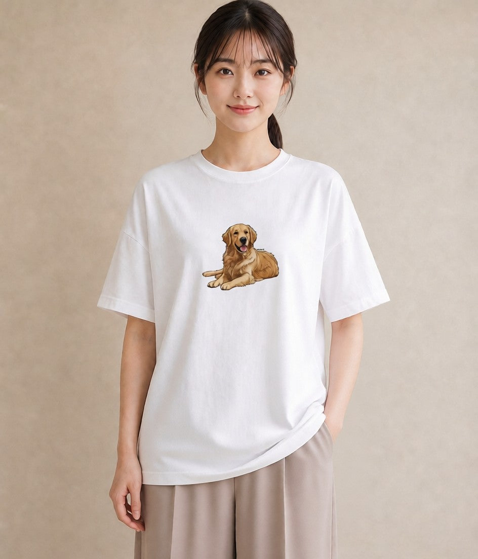デザインTシャツ レディース ゴールデンレトリバー ゴールデン 犬 いぬ イラスト きれいめカジュアル ママ カフェ服 白T