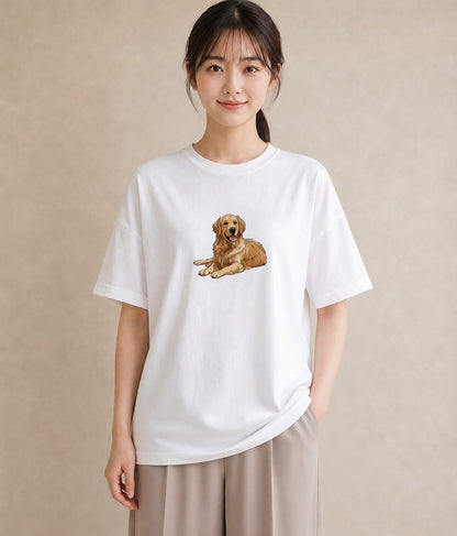 デザインTシャツ レディース ゴールデンレトリバー ゴールデン 犬 いぬ イラスト きれいめカジュアル ママ カフェ服 白T