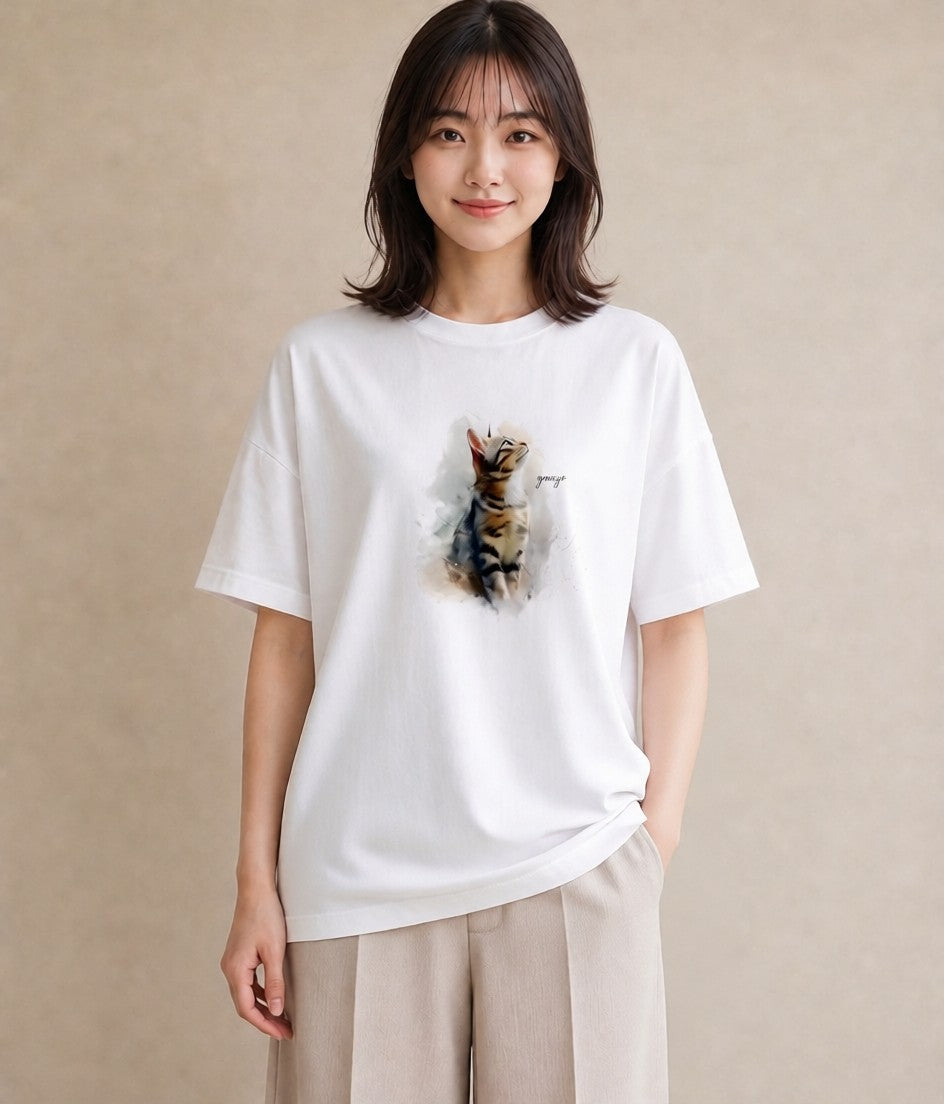 デザインTシャツ レディース メインクーン 猫 ねこ イラスト 韓国風 母の日 ビーチ 白T