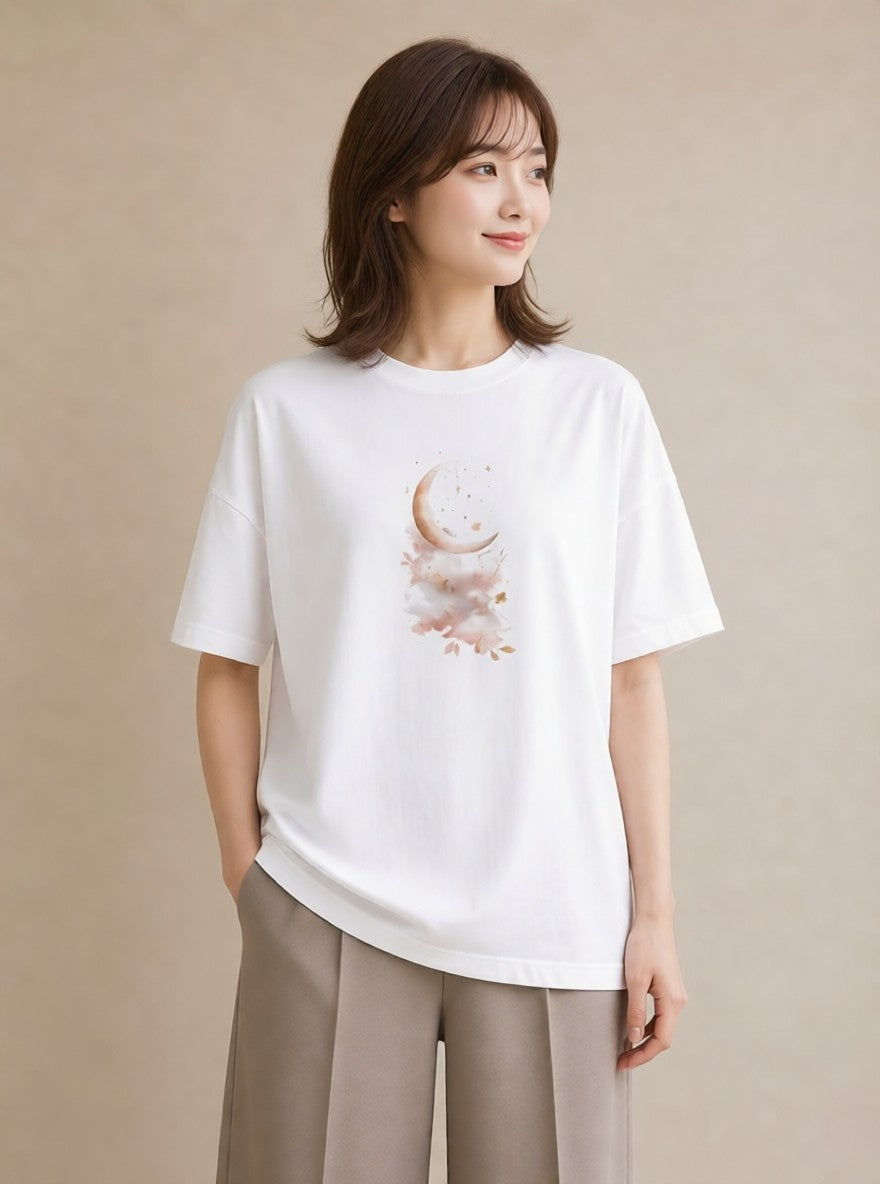 半袖Tシャツ レディース 星空 宇宙 イラスト カフェコーデ ラフ レイヤード 白T