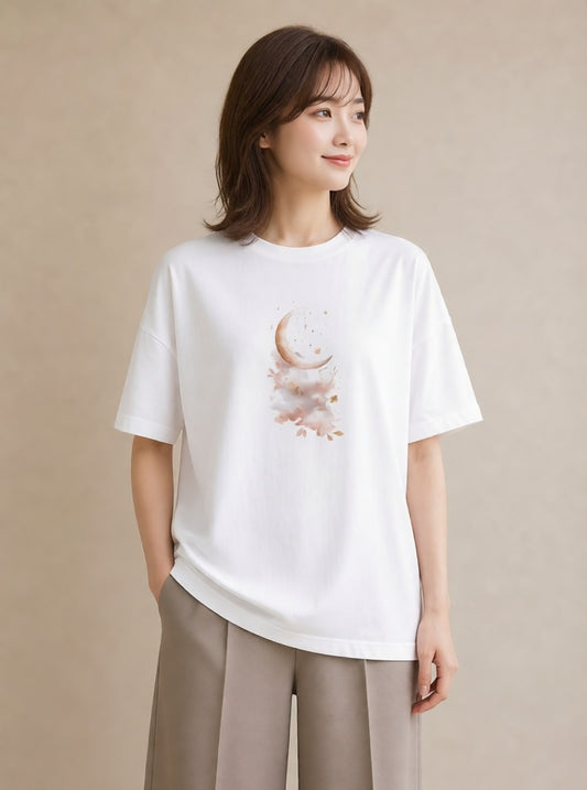 半袖Tシャツ レディース 星空 宇宙 イラスト カフェコーデ ラフ レイヤード 白T
