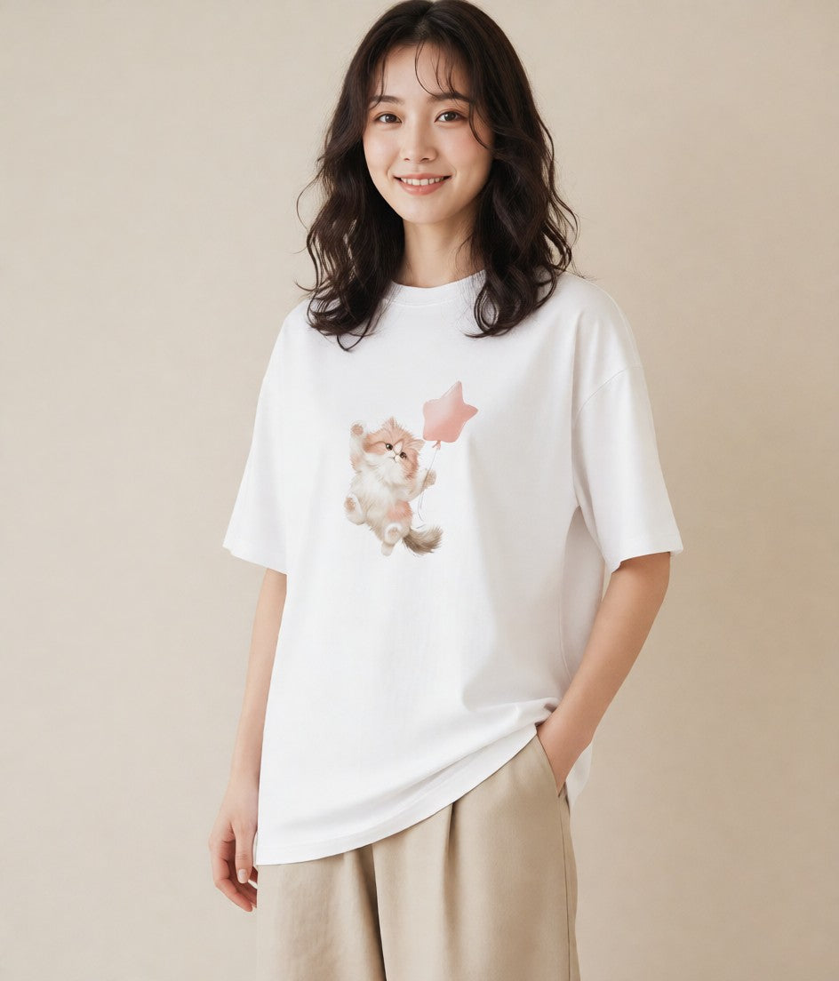デザインTシャツ レディース ペルシャ 猫 ねこ イラスト カジュアル ビーチ デイリーウェア 白T
