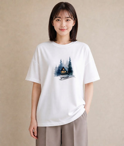半袖Tシャツ レディース 灯りの家 小屋 夜 ナチュラル アンティーク イラスト カフェコーデ ラフ レイヤード 白T