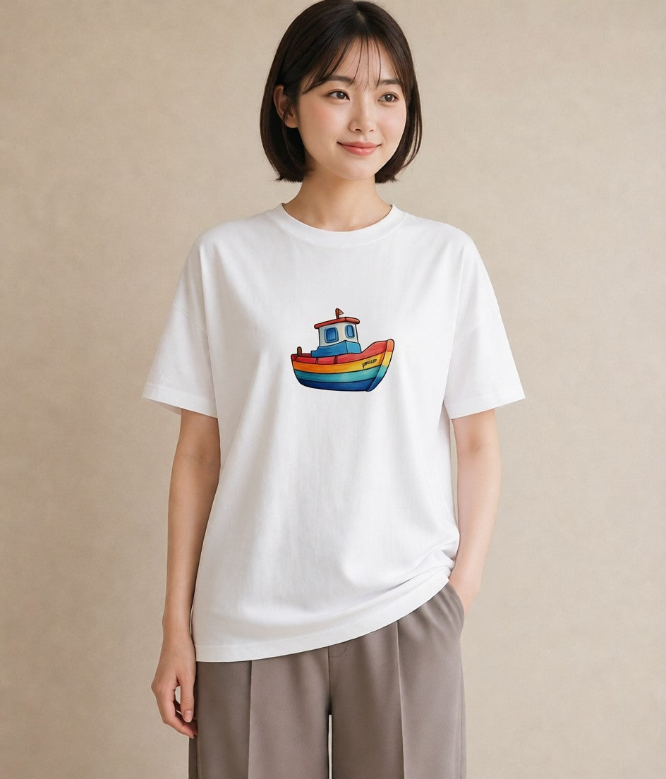 Tシャツ レディース 紙の船 水辺 ナチュラル アンティーク イラスト ポップ 週末コーデ 敬老の日 白T