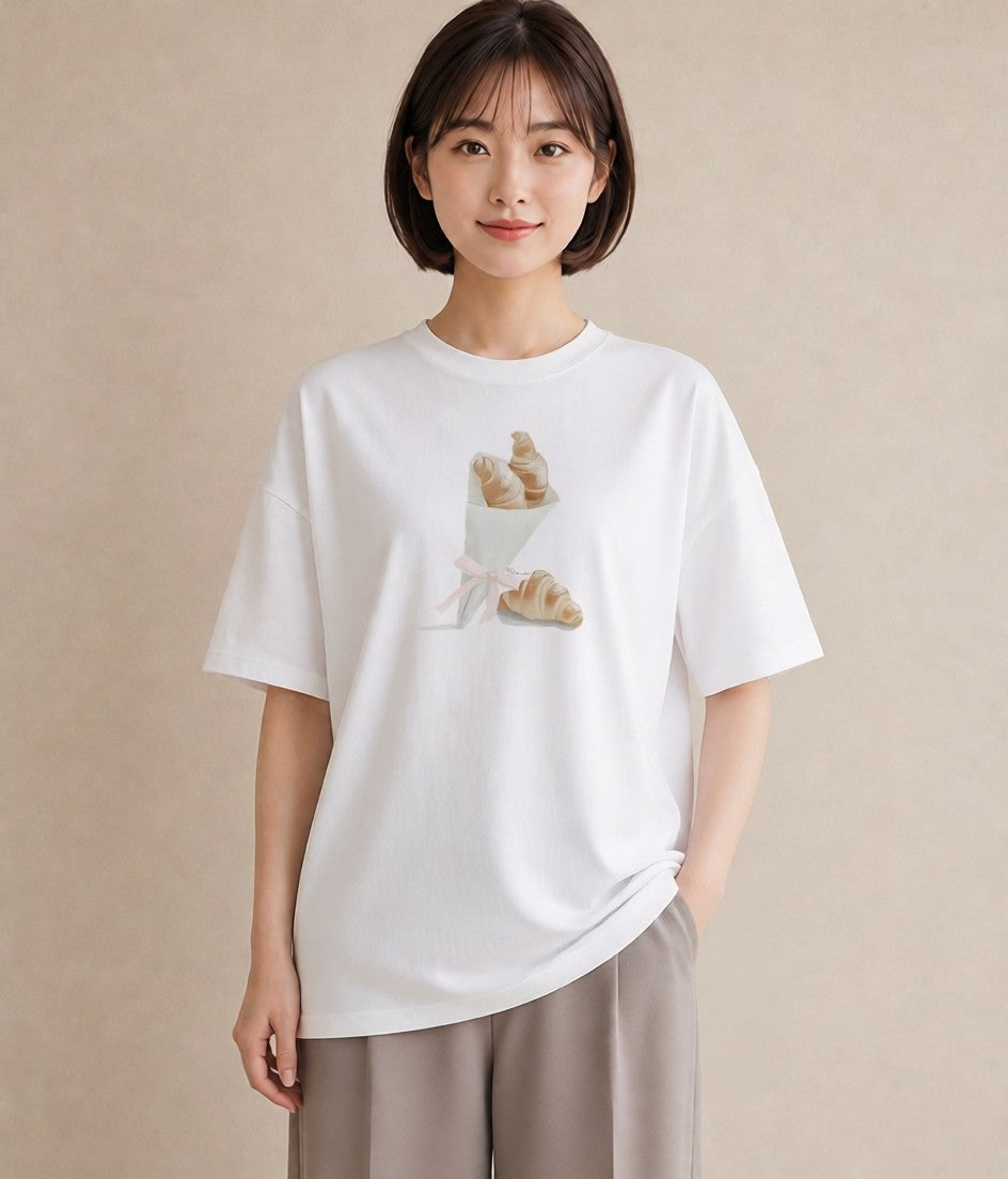 グラフィックTシャツ レディース クロワッサン 食べ物 フード イラスト 手描き風 女性向けギフト 散歩 白T