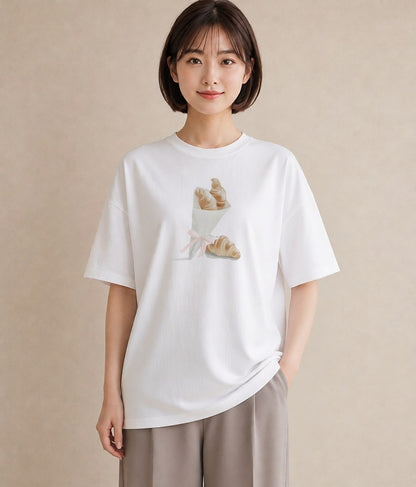 グラフィックTシャツ レディース クロワッサン 食べ物 フード イラスト 手描き風 女性向けギフト 散歩 白T