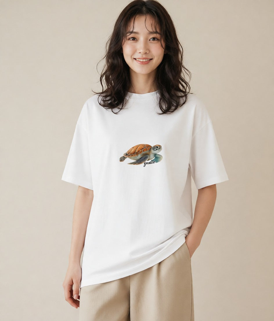半袖Tシャツ レディース ウミガメ 海の生き物 海 イラスト お洒落 公園 ママ 白T