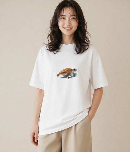 半袖Tシャツ レディース ウミガメ 海の生き物 海 イラスト お洒落 公園 ママ 白T