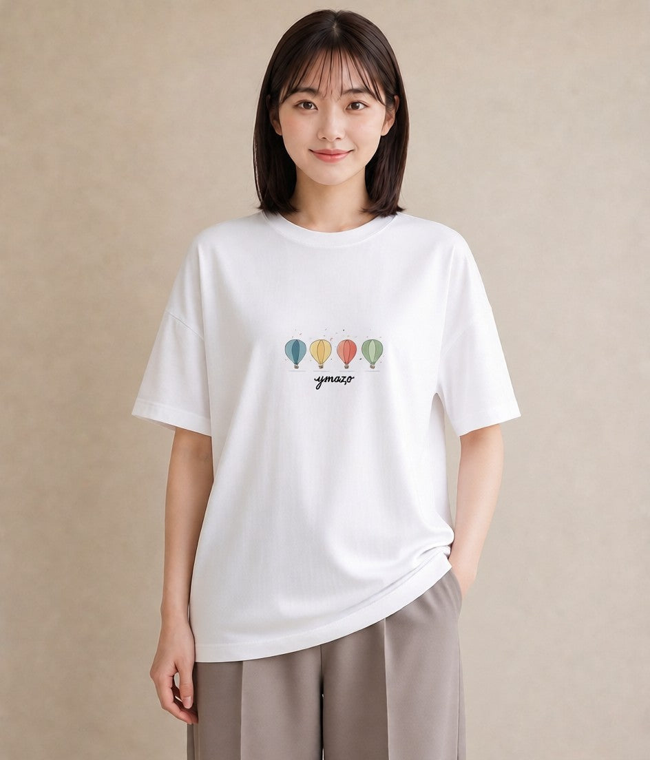 半袖Tシャツ レディース 紙風船 和紙 ナチュラル アンティーク イラスト 淡色 送別ギフト 通勤 白T