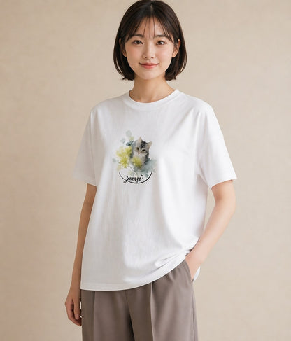 半袖Tシャツ レディース アメリカンショートヘア 猫 ねこ イラスト 抜け感 デイリーウェア 休日 白T