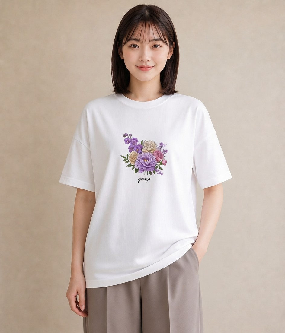 半袖Tシャツ レディース スミレ 花 花柄 イラスト 旅行コーデ デート 帰省 白T