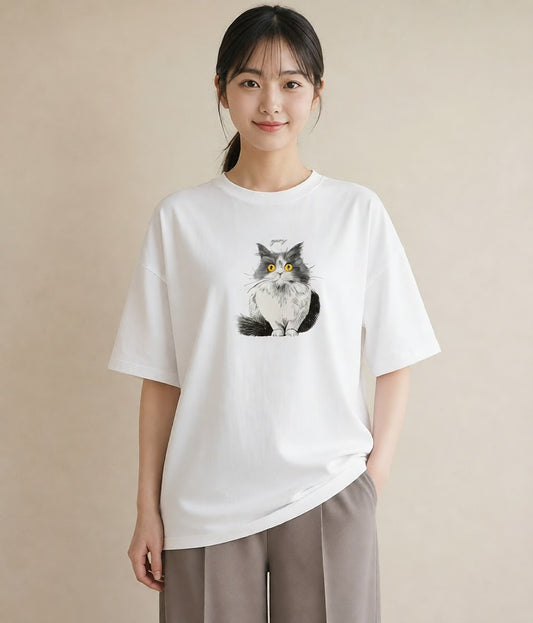 プリントTシャツ レディース 靴下猫 猫 ねこ イラスト 上品 海 カフェ巡り 白T
