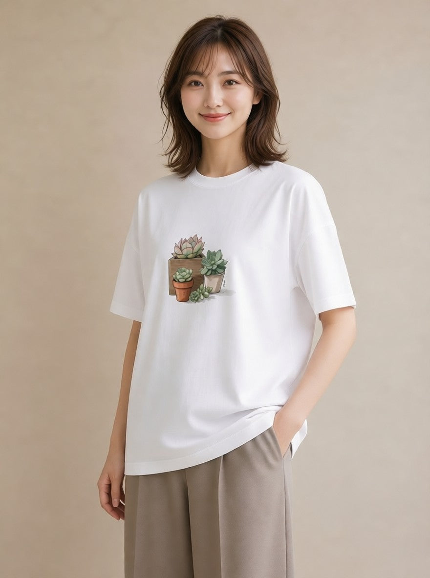 半袖Tシャツ レディース 多肉植物 植物 ボタニカル イラスト レトロ 夏コーデ 通学 白T