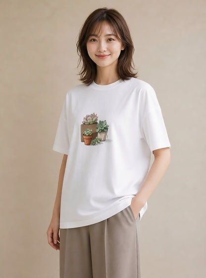 半袖Tシャツ レディース 多肉植物 植物 ボタニカル イラスト レトロ 夏コーデ 通学 白T