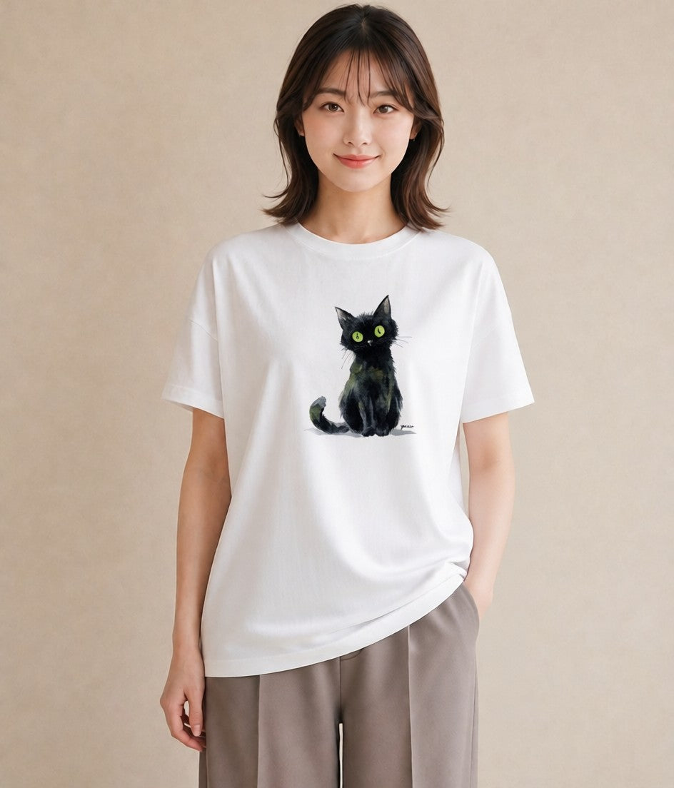 デザインTシャツ レディース 黒猫 猫 ねこ イラスト アート風 母娘コーデ 自分用 白T